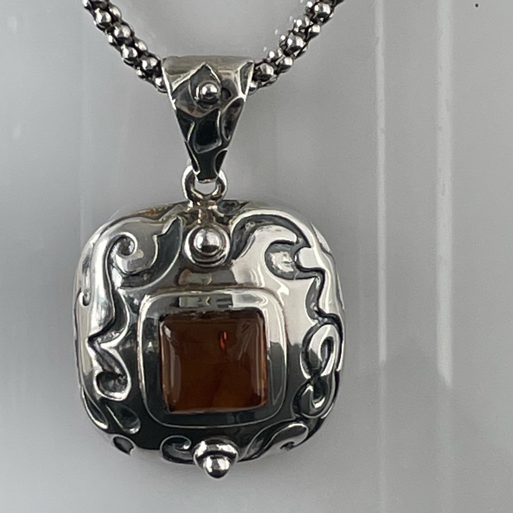 Silpada Retired Amber & Sterling Silver Etched Square Pendant